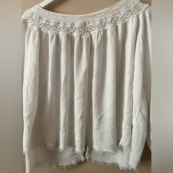 FP one lace trim eyelet frayed distressed gauze sheer button blouse xs/s boho - Picture 11 of 11